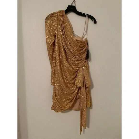 Mac Duggal 26977 One Sleeve Sequin Dress Gold NEW NWT Dresses